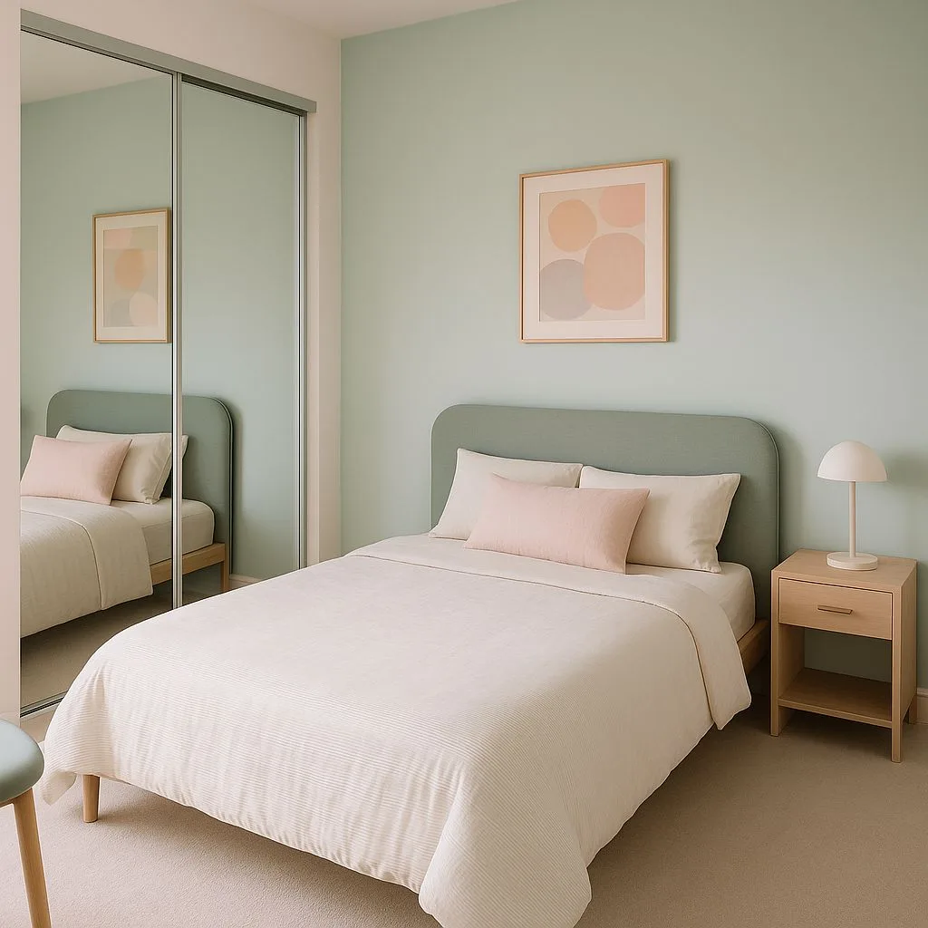 Minimalist Scandinavian bedroom with mint green walls, light wood nightstand, off-white striped bedding, blush pink accents, mirrored closet, photorealistic interior design photography, 8k