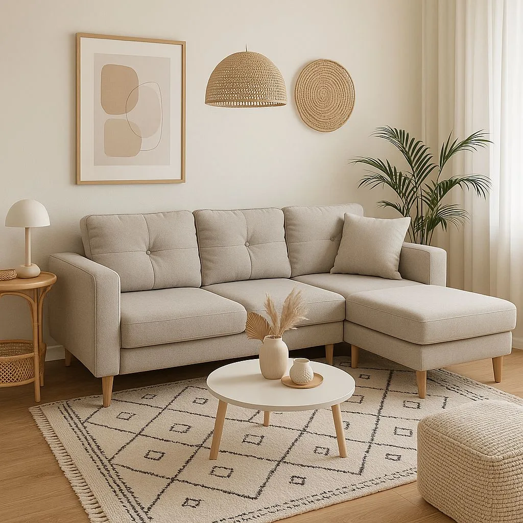 Neutral Scandinavian living room with beige sectional sofa, round white coffee table, patterned rug, woven pendant light, rattan side table, photorealistic interior design photography, 8k