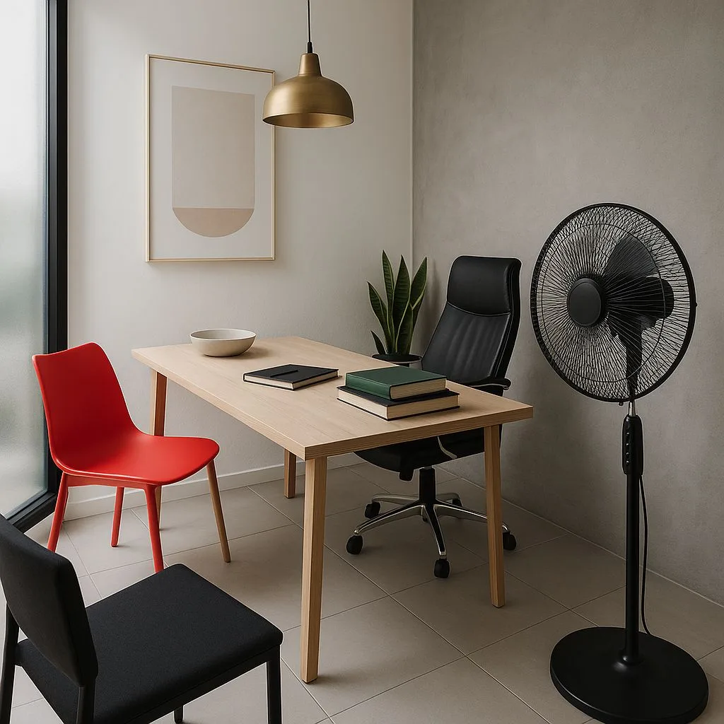 Minimalist home office with light wood desk, red plastic chair, black office chair, brass pendant light, grey tile floor, photorealistic interior design photography, 8k