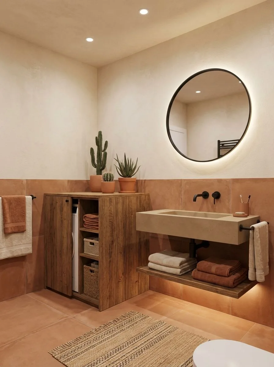 Mediterranean bathroom with terracotta tile, concrete sink, wood vanity, round backlit mirror, woven rug, photorealistic interior design photography, 8k