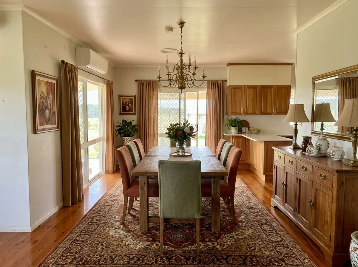 Traditional dining room with wood floors, rustic wood table, upholstered chairs in sage and terracotta, oriental rug, brass chandelier, photorealistic interior design photography, 8k