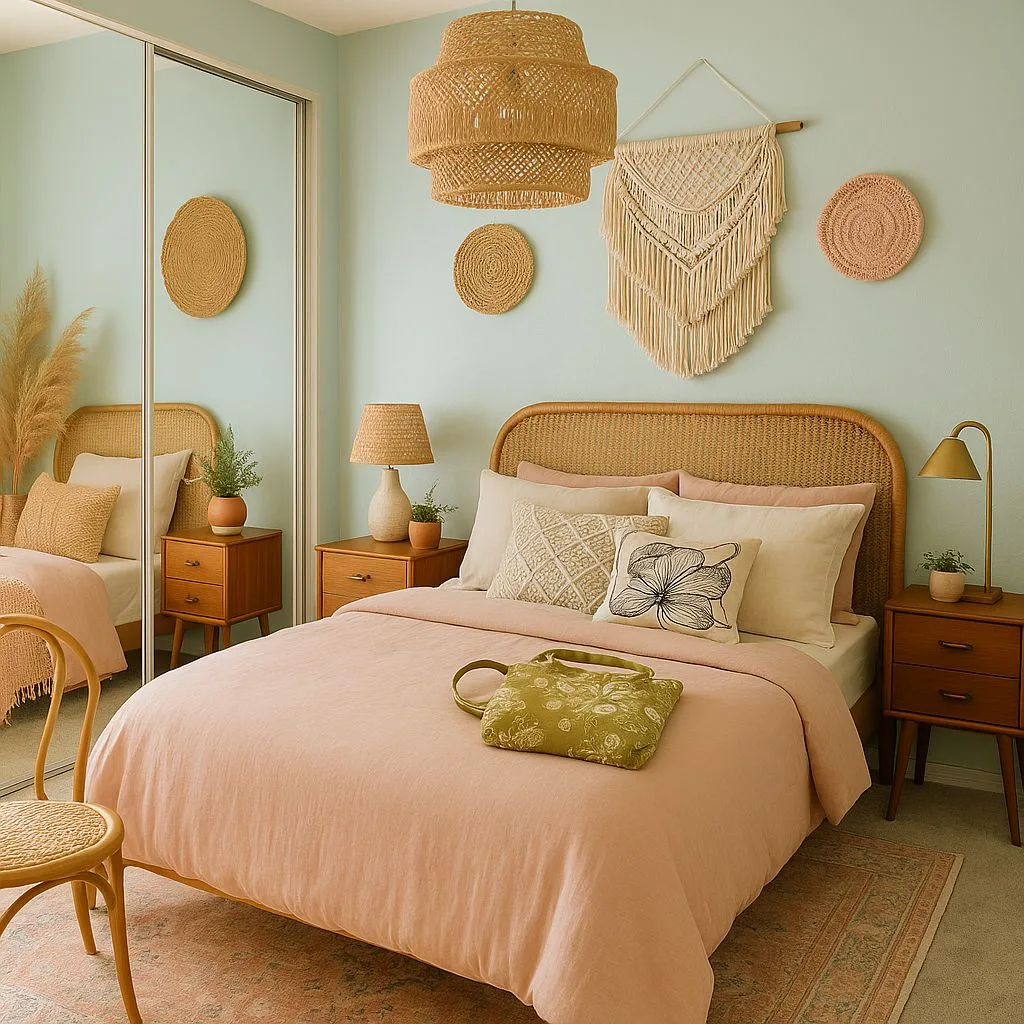 Bohemian bedroom with light mint walls, rattan headboard, woven pendant, blush linen bedding, mid-century nightstands, photorealistic interior design photography, 8k