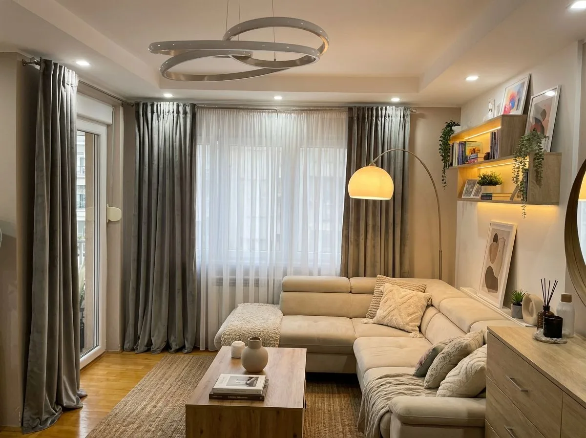 Contemporary living room with beige sectional sofa, light wood coffee table, jute rug, grey velvet curtains, modern ring chandelier, photorealistic interior design photography, 8k