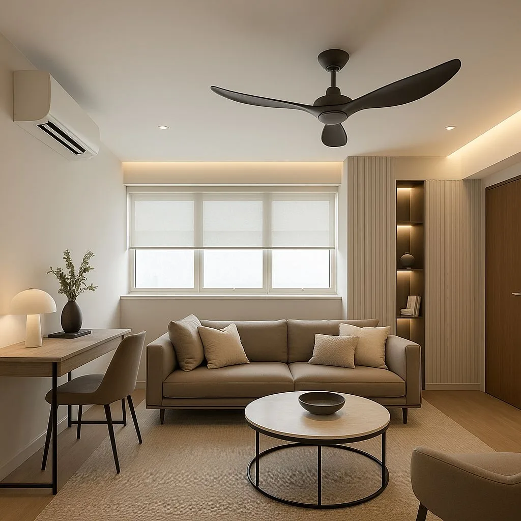 Modern neutral living room with beige sofa, round marble coffee table, light wood desk, black ceiling fan, recessed lighting, photorealistic interior design photography, 8k