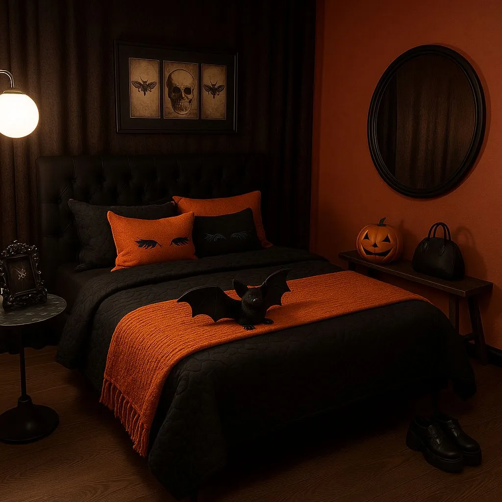 Gothic Halloween bedroom with black tufted headboard, terracotta walls, orange throw, black bat decor, skull artwork, photorealistic interior design photography, 8k