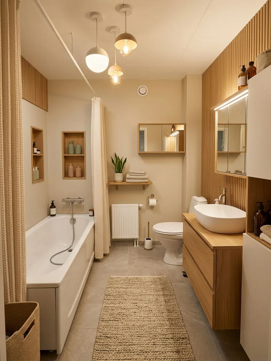 Scandinavian bathroom with light wood paneling, white vessel sink, oak vanity, beige walls, woven rug, globe pendants, photorealistic interior design photography, 8k