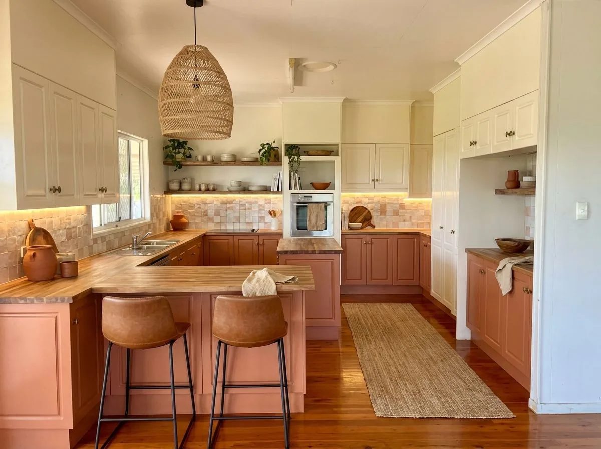 Warm bohemian kitchen with terracotta cabinets, butcher block countertops, open shelving, woven pendant light, leather stools, photorealistic interior design photography, 8k