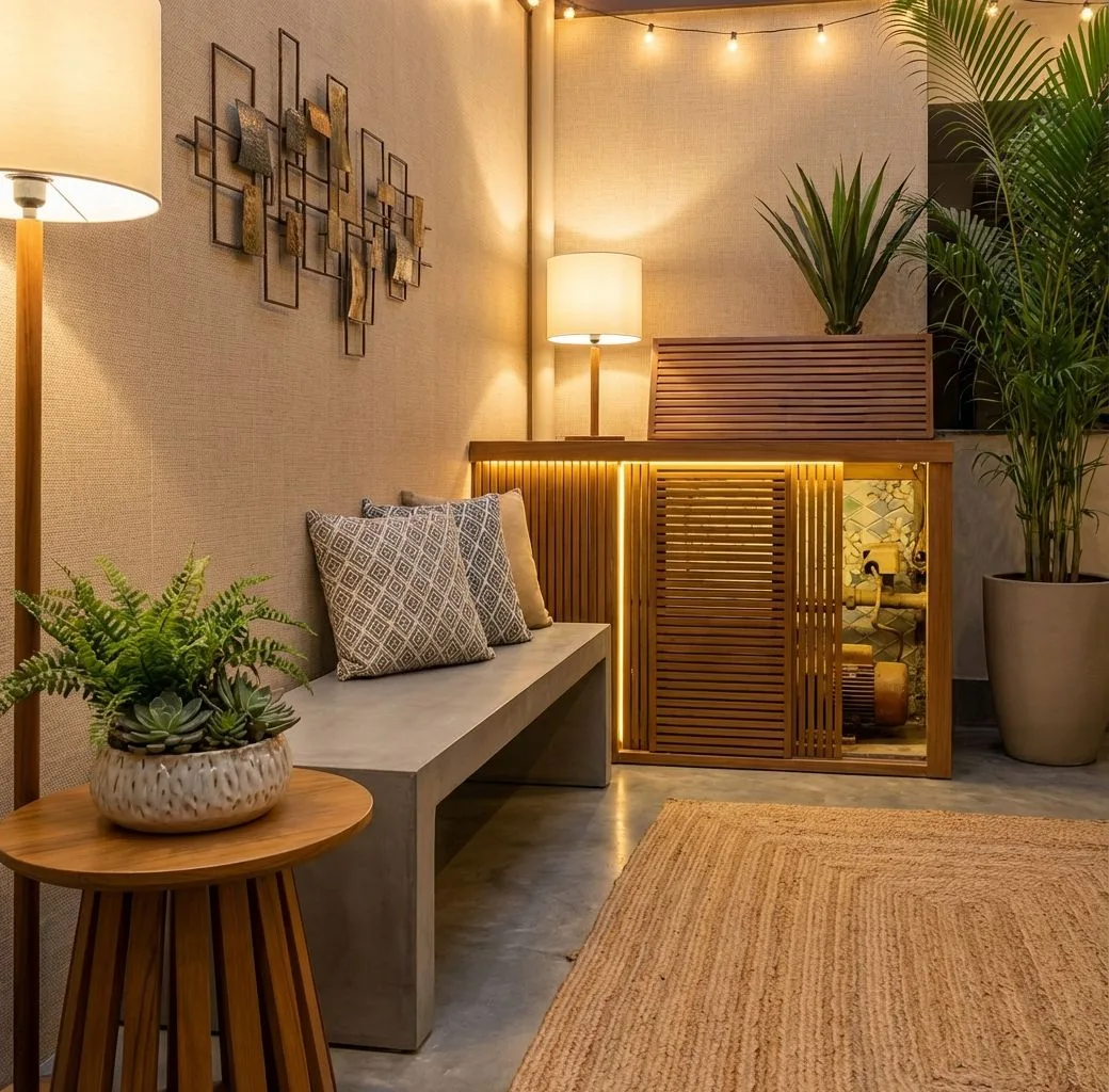 Contemporary indoor patio with concrete bench, wood slat cabinet, integrated lighting, jute rug, potted ferns, photorealistic interior design photography, 8k