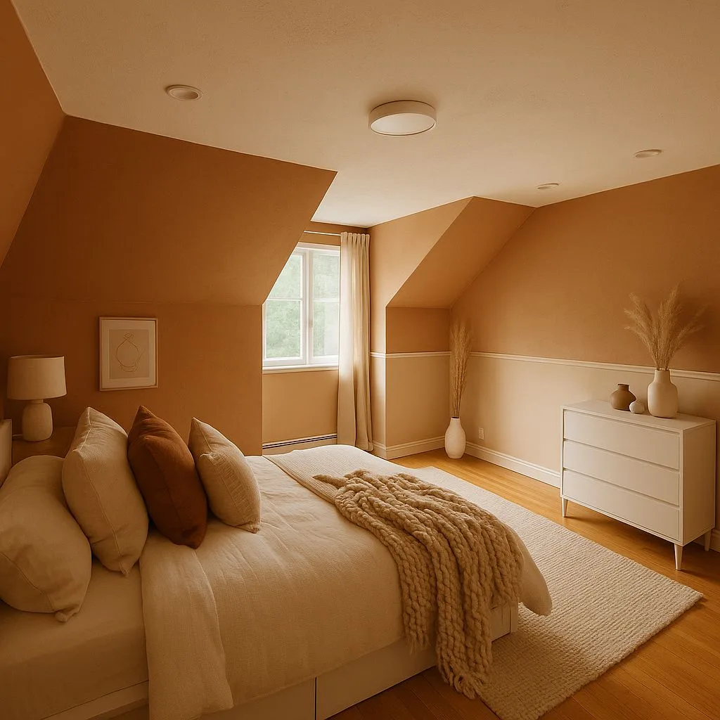 Scandinavian bedroom with terracotta walls, light wood floors, white linen bedding, chunky knit throw, minimalist art, photorealistic interior design photography, 8k
