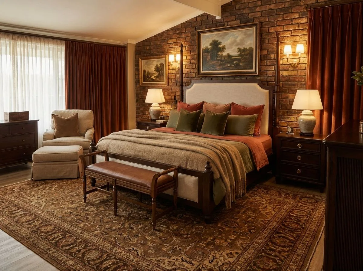 Traditional bedroom with exposed brick, dark wood nightstands, leather bench, beige upholstered bed, patterned brown rug, photorealistic interior design photography, 8k