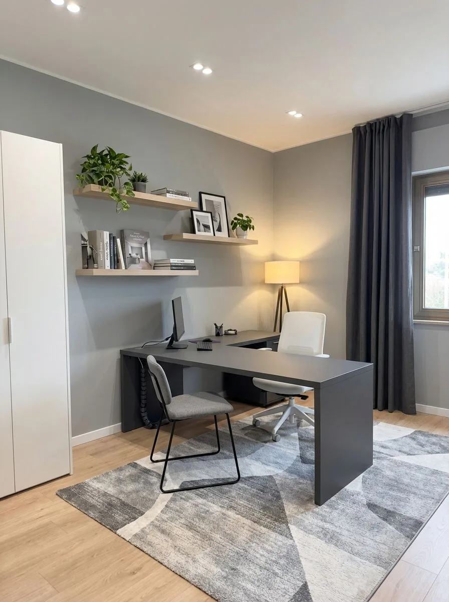 Minimalist home office with grey walls, light wood floors, large grey desk, floating wood shelves, geometric rug, photorealistic interior design photography, 8k