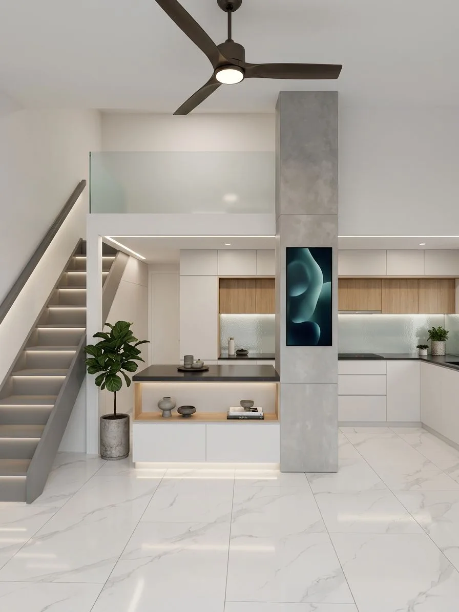 Modern minimalist kitchen with white marble floors, white cabinets, wood accents, black countertops, concrete column, recessed lighting, photorealistic interior design photography, 8k