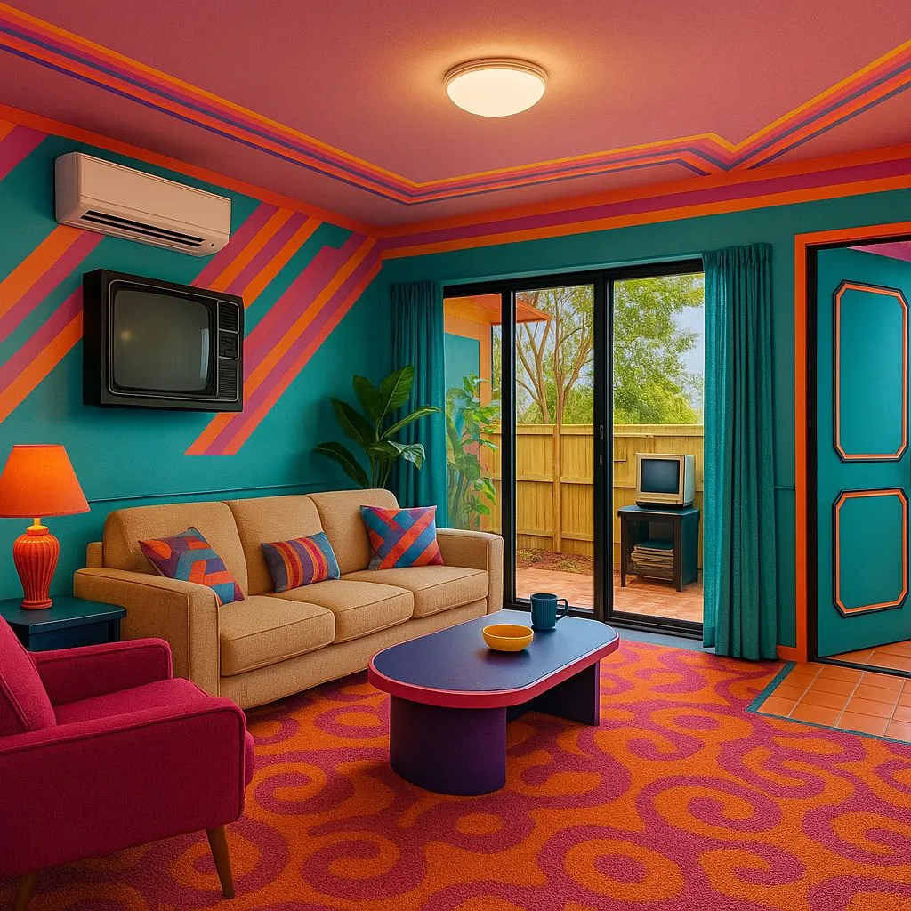 Retro eclectic living room with teal walls, orange accents, tan sofa, magenta armchair, patterned orange carpet, purple coffee table, photorealistic interior design photography, 8k