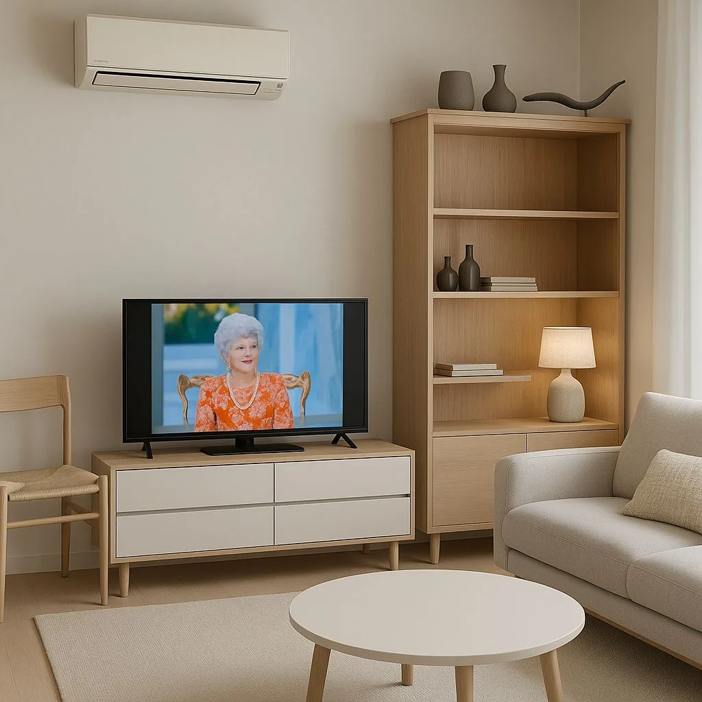 Minimalist Scandinavian living room with light wood bookcase, beige linen sofa, round white coffee table, off-white walls, wood tv stand, photorealistic interior design photography, 8k
