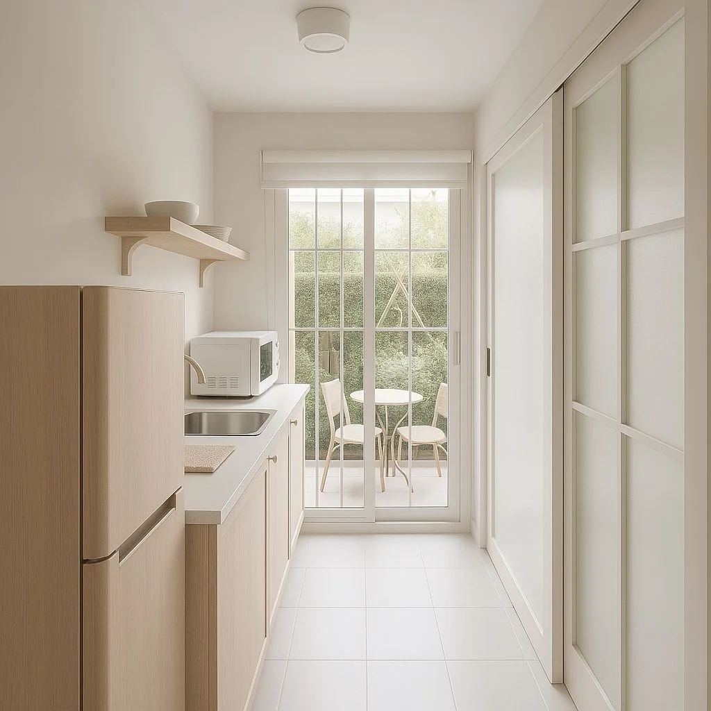Minimalist Scandinavian kitchen with light wood cabinets, white countertops, white tile floor, sliding glass doors, recessed lighting, photorealistic interior design photography, 8k