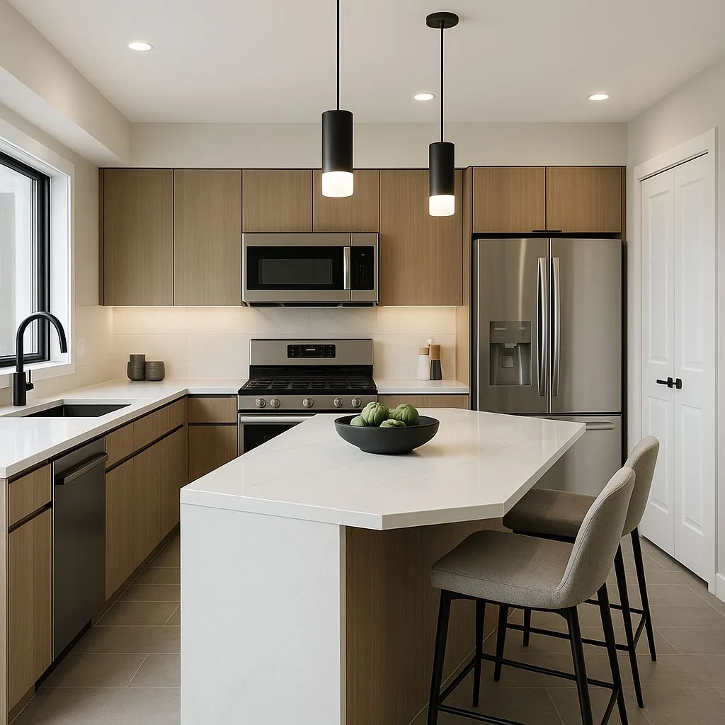 Modern minimalist kitchen with light wood cabinets, white quartz countertops, stainless steel appliances, black cylinder pendants, gray tile floor, photorealistic interior design photography, 8k