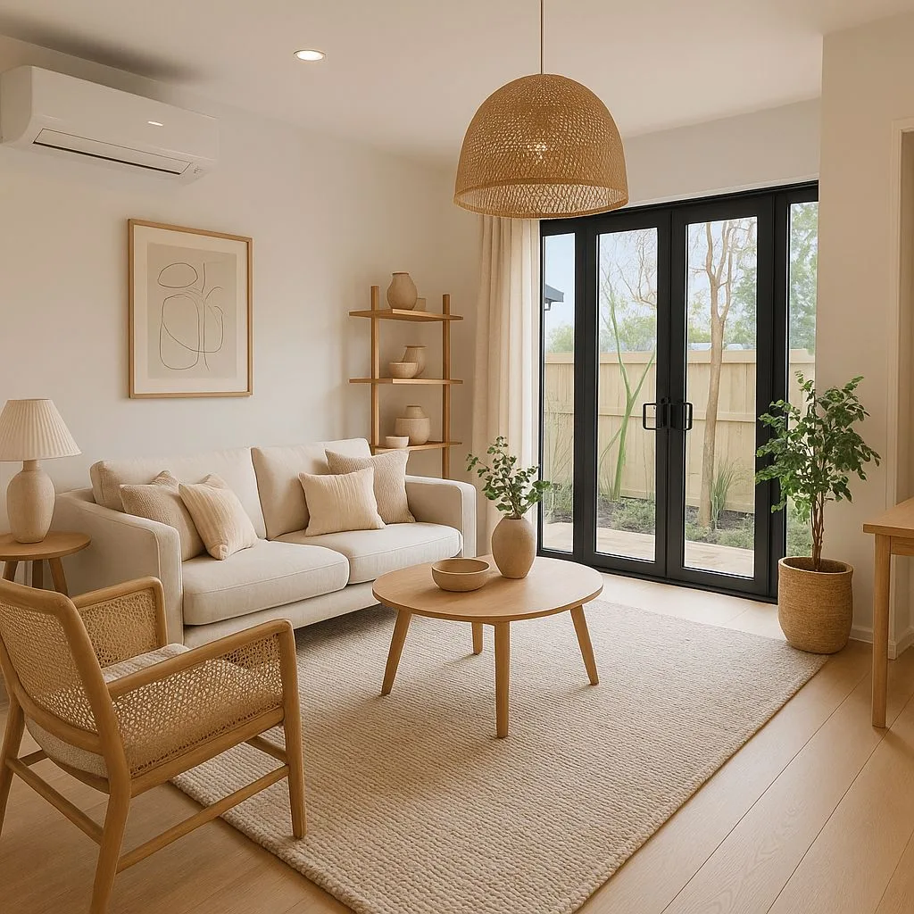 Minimalist living room with beige linen sofa, light wood coffee table, rattan pendant, jute rug, black framed doors, photorealistic interior design photography, 8k