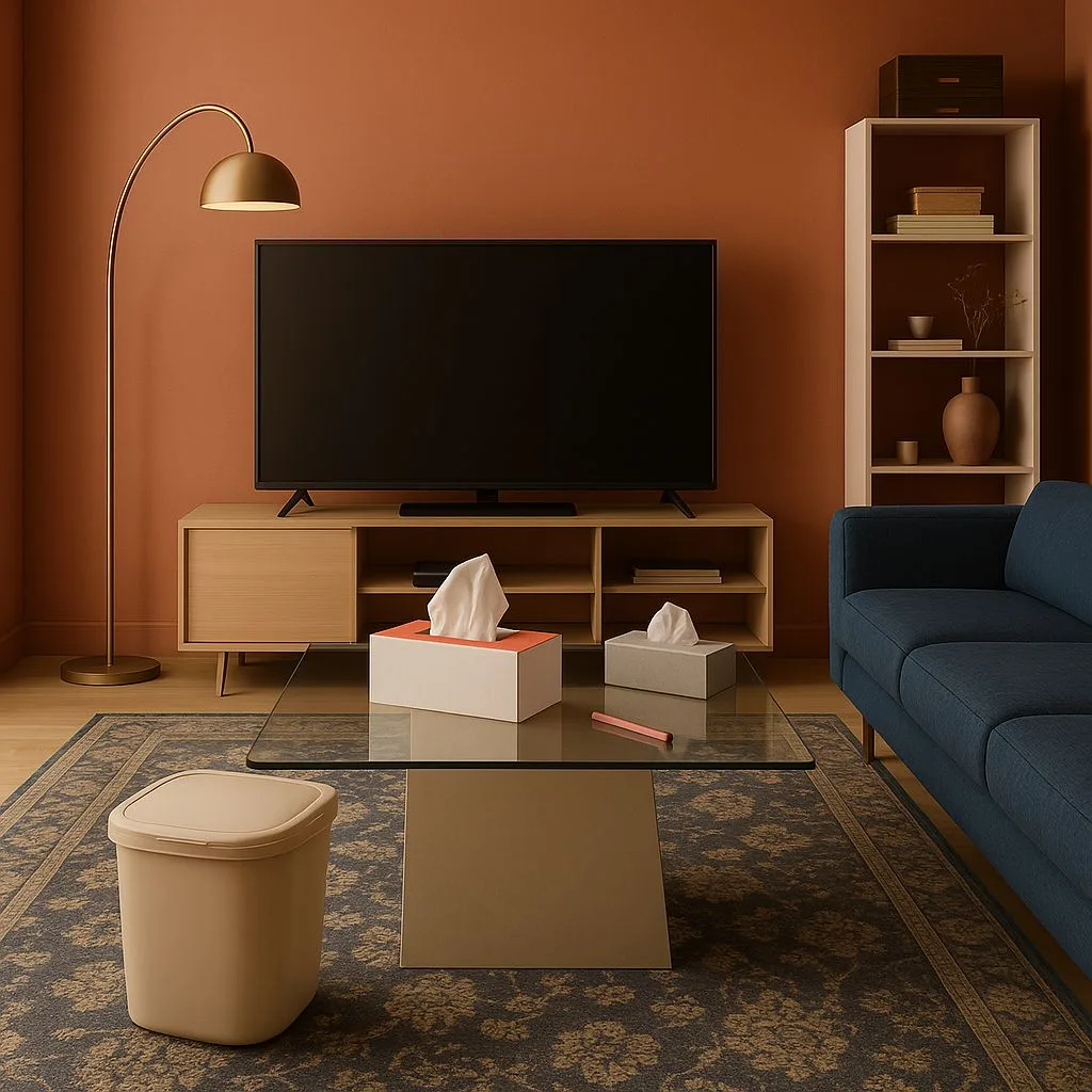 Contemporary terracotta living room with blue sofa, light wood media console, glass coffee table, patterned rug, brass floor lamp, photorealistic interior design photography, 8k