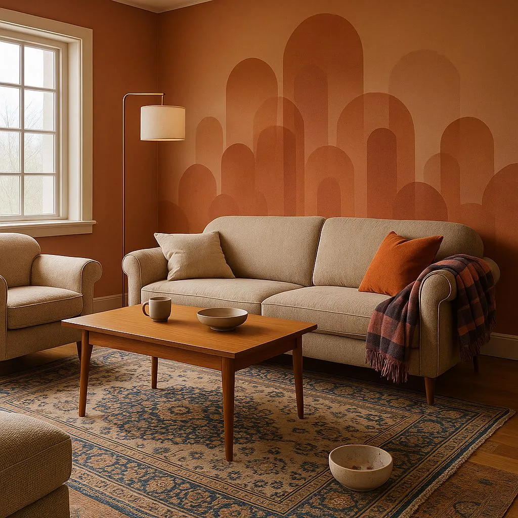 Warm terracotta living room with mid-century modern sofa, wood coffee table, patterned blue rug, arched terracotta accent wall, copper floor lamp, photorealistic interior design photography, 8k