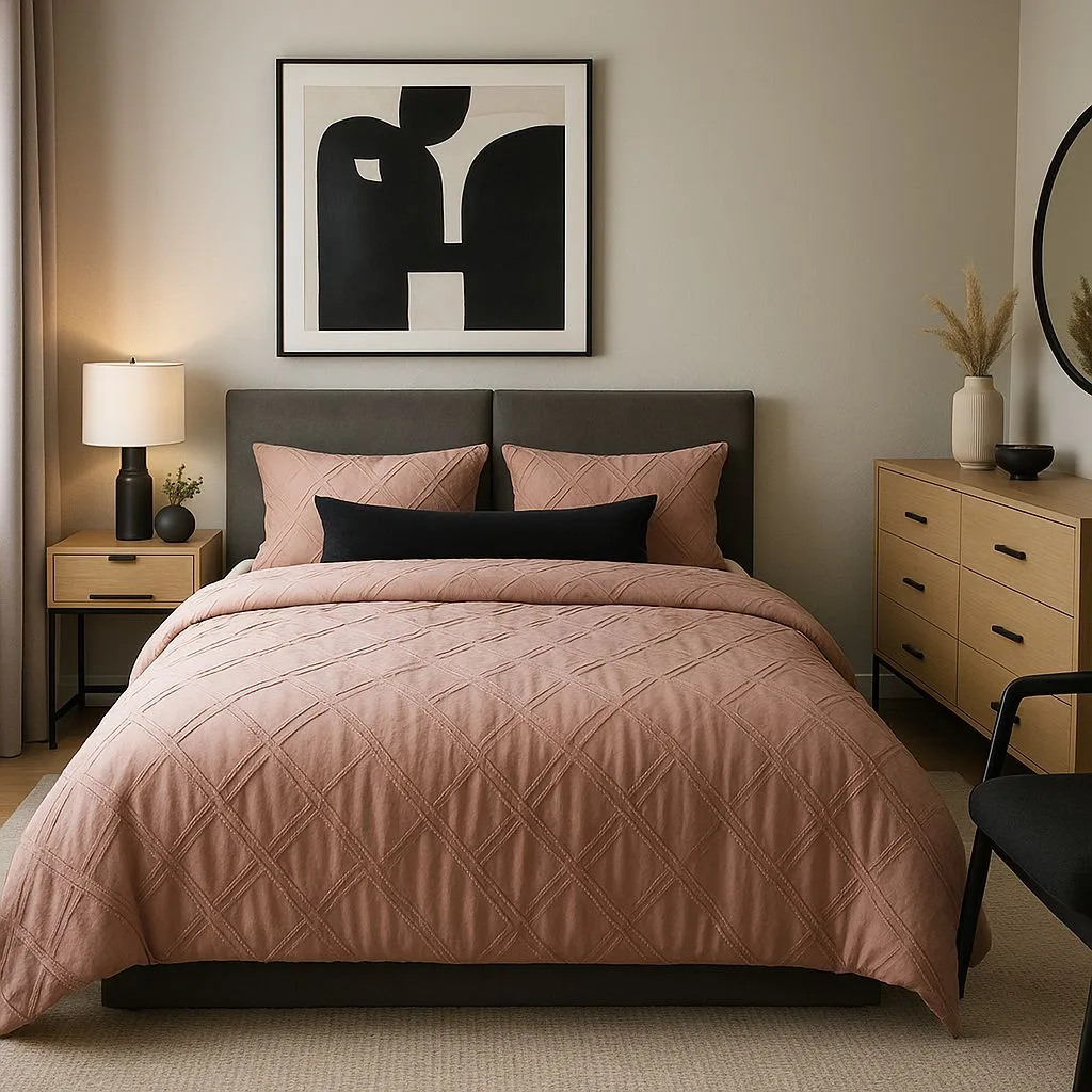 Modern bedroom with warm grey walls, light wood nightstand, pink quilted bedding, black lumbar pillow, abstract art, photorealistic interior design photography, 8k