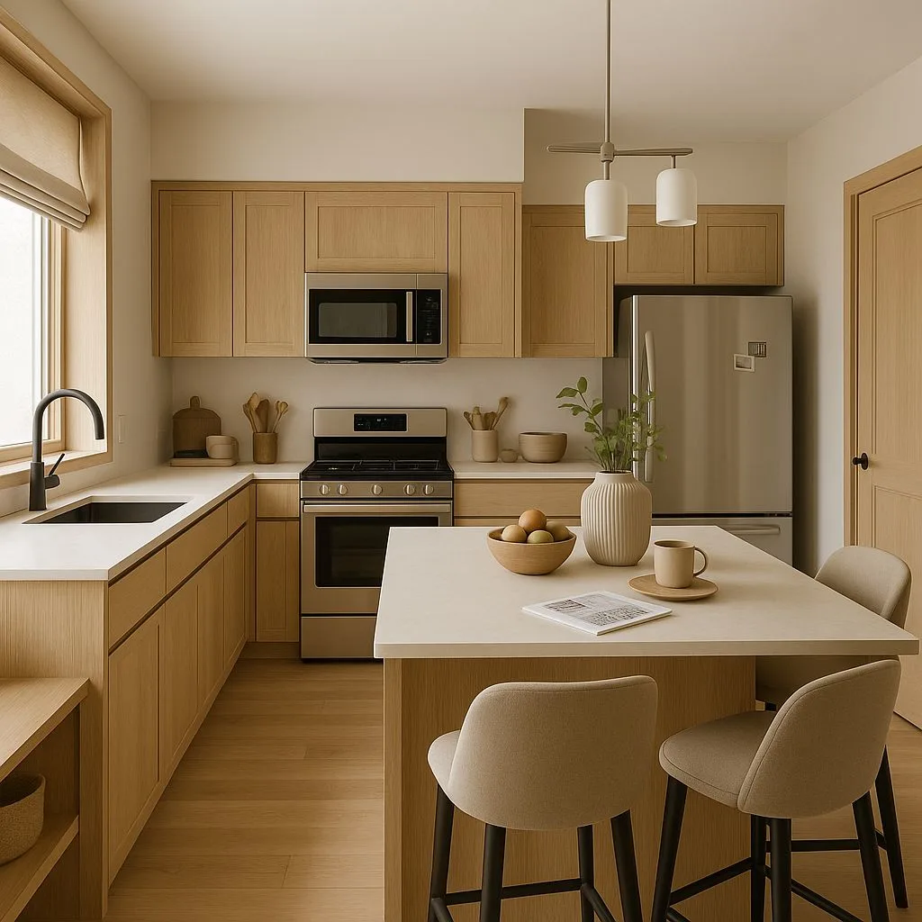 Scandinavian kitchen with light wood cabinets, white quartz countertop, stainless steel appliances, beige upholstered stools, cylinder pendant, photorealistic interior design photography, 8k