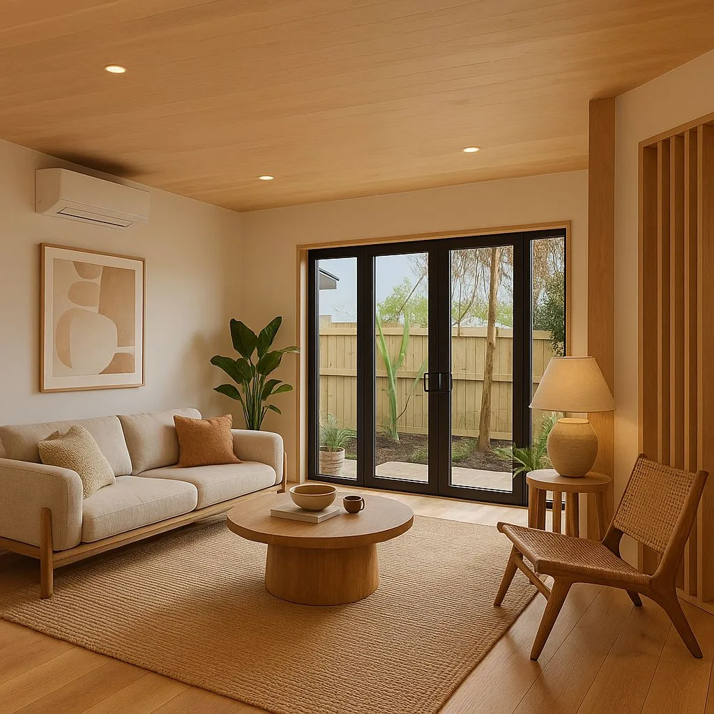 Neutral Scandinavian living room with light wood floors, beige linen sofa, round wood coffee table, jute rug, wood slat wall, photorealistic interior design photography, 8k