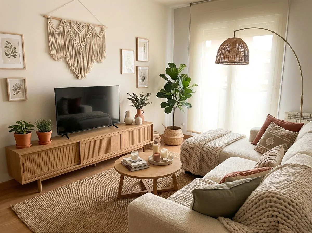 Neutral bohemian living room with light wood media console, jute rug, cream sectional sofa, macrame wall hanging, rattan floor lamp, photorealistic interior design photography, 8k