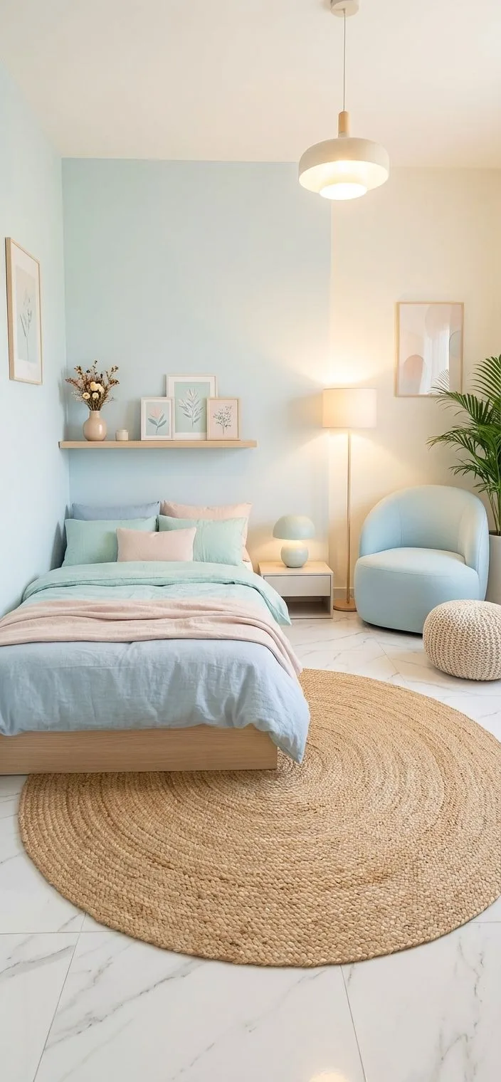 Minimalist pastel bedroom with light blue walls, wood platform bed, linen bedding in blue, pink throw, jute rug, photorealistic interior design photography, 8k