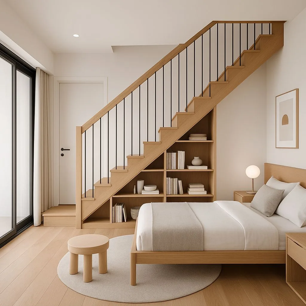 Minimalist bedroom with light oak platform bed, stairs with built-in bookcase, black metal railing, round rug, globe lamp, photorealistic interior design photography, 8k