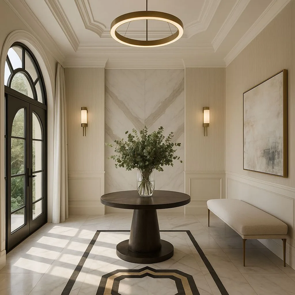 Transitional entryway with marble flooring, cream paneled walls, dark wood pedestal table, modern ring chandelier, upholstered bench, photorealistic interior design photography, 8k