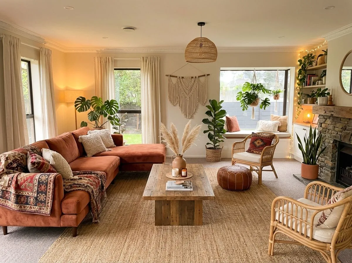 Bohemian living room with terracotta velvet sectional, jute rug, reclaimed wood coffee table, rattan pendant light, macrame wall hanging, photorealistic interior design photography, 8k