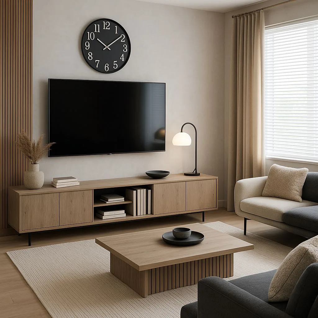Modern living room with light oak media console, square coffee table, neutral rug, black accents, beige and grey sofa, photorealistic interior design photography, 8k