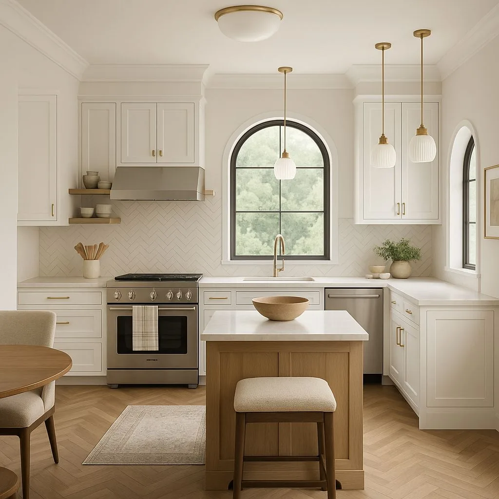 Transitional kitchen with white shaker cabinets, herringbone backsplash, light wood island, brass pendant lighting, quartz countertop, photorealistic interior design photography, 8k