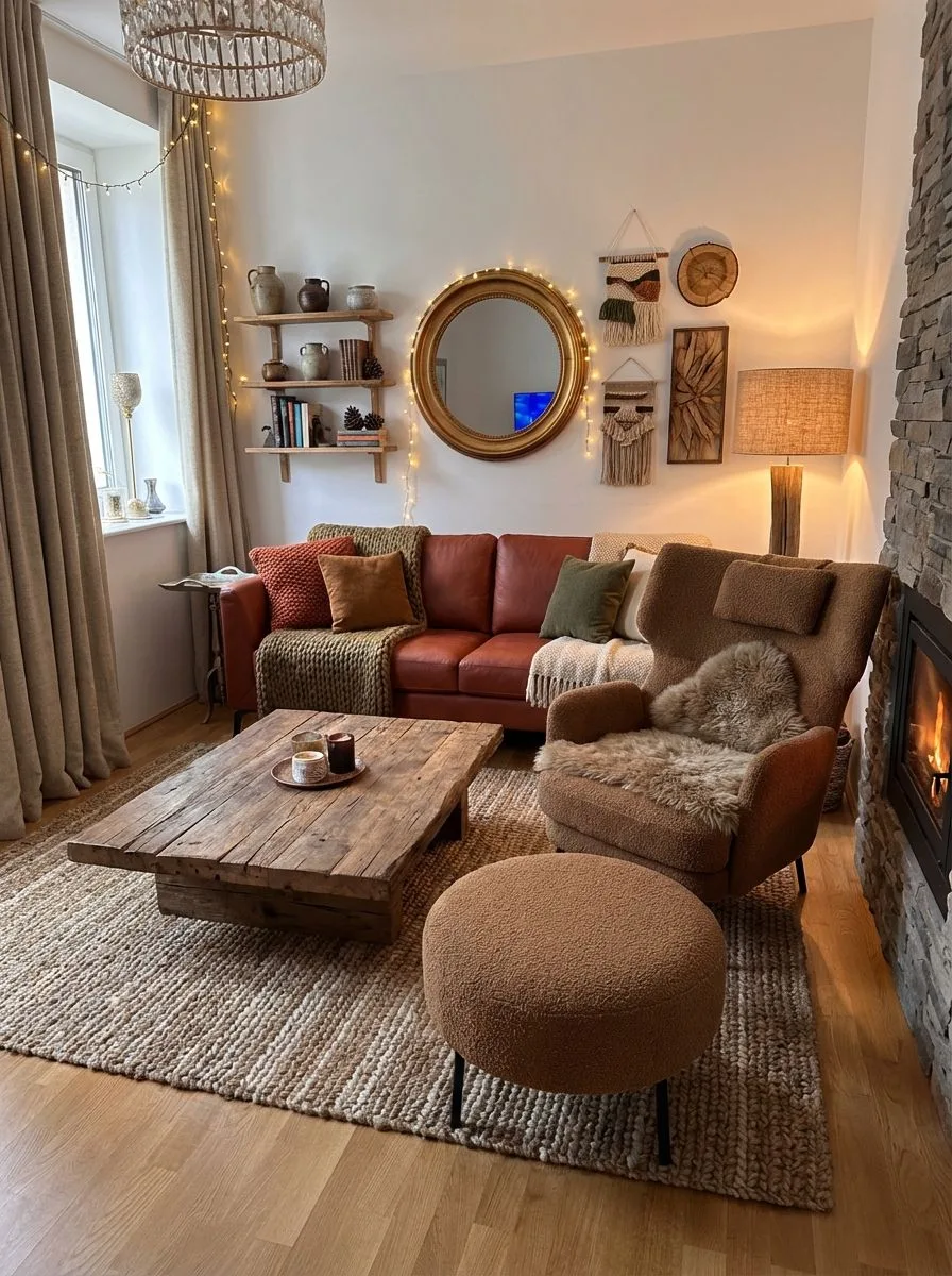 Eclectic rustic living room with rust leather sofa, reclaimed wood coffee table, stone fireplace, jute rug, string lights, photorealistic interior design photography, 8k