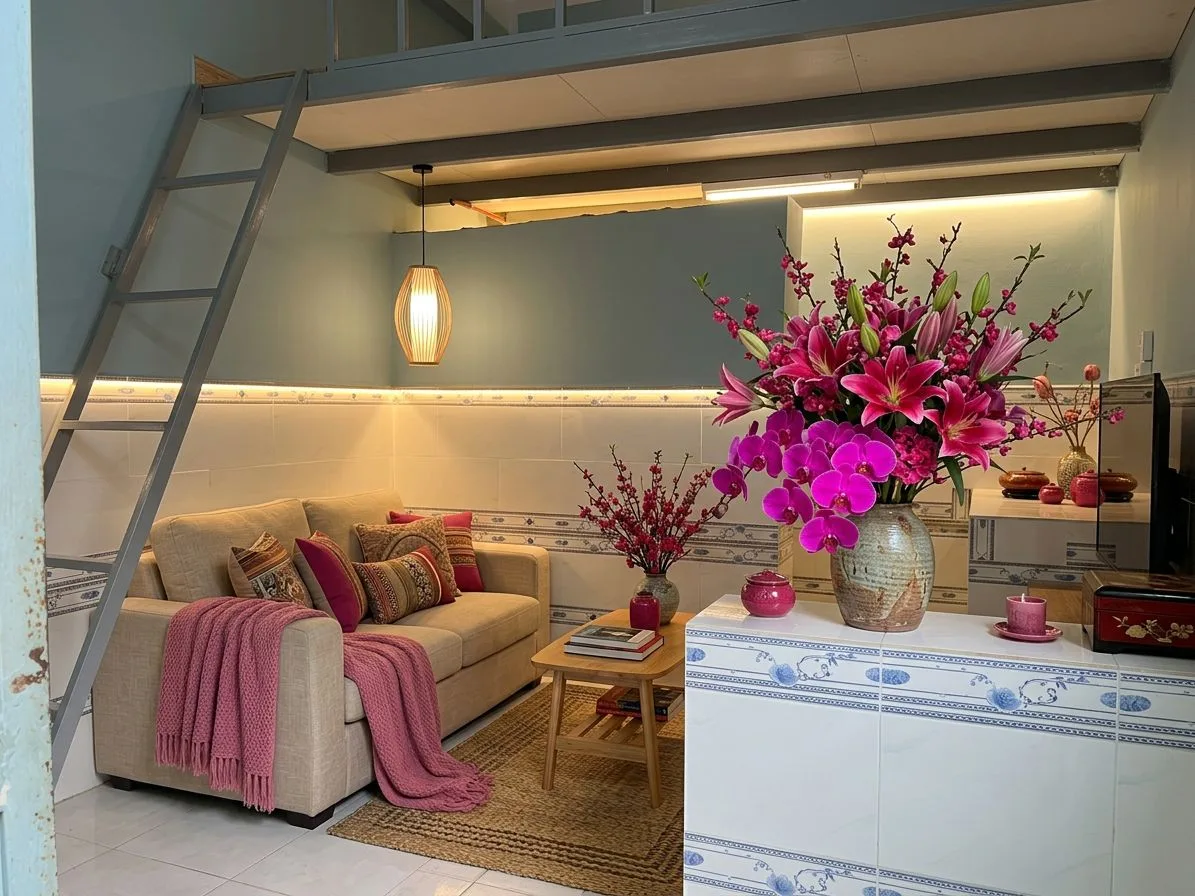 Eclectic small living room with beige sofa, pink throw, woven pendant, jute rug, wooden ladder, photorealistic interior design photography, 8k