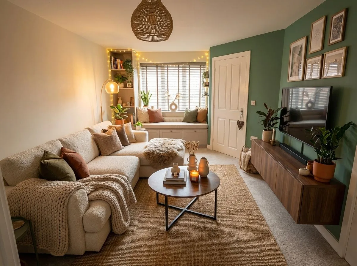 Bohemian living room with cream sherpa sectional, jute rug, round wood coffee table, green accent wall, woven pendant, photorealistic interior design photography, 8k
