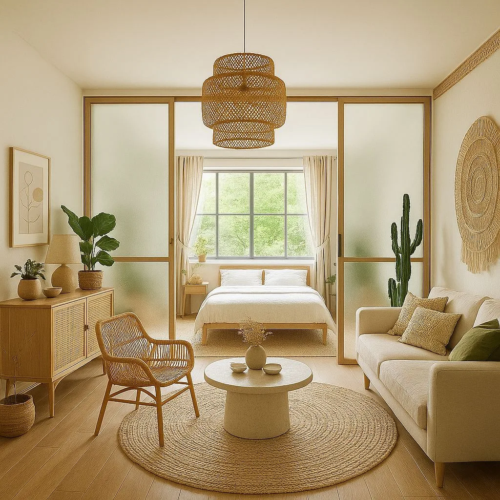 Neutral bohemian living room with rattan pendant, jute rug, linen sofa, natural wood cabinet, sliding glass doors, photorealistic interior design photography, 8k
