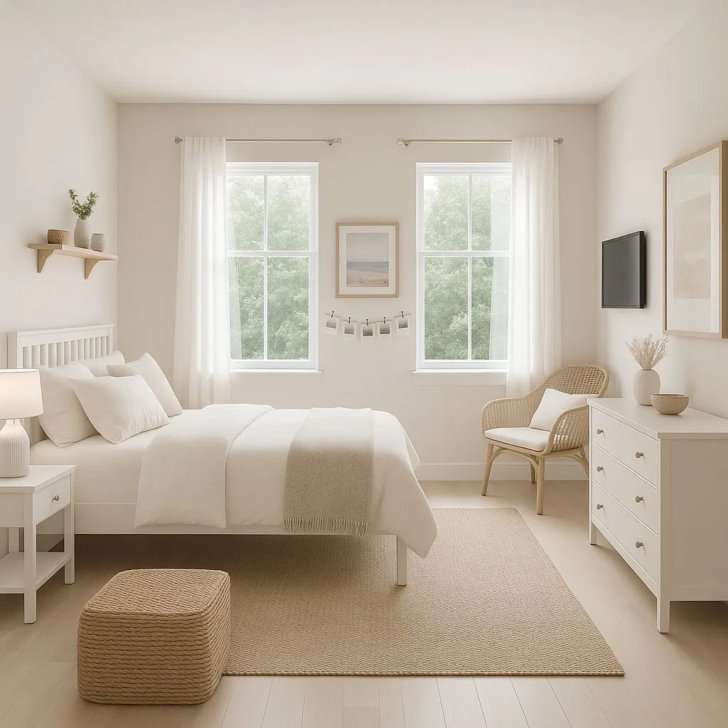 Scandinavian bedroom with white wood bed frame, white linen bedding, woven ottoman, jute rug, sheer curtains, photorealistic interior design photography, 8k