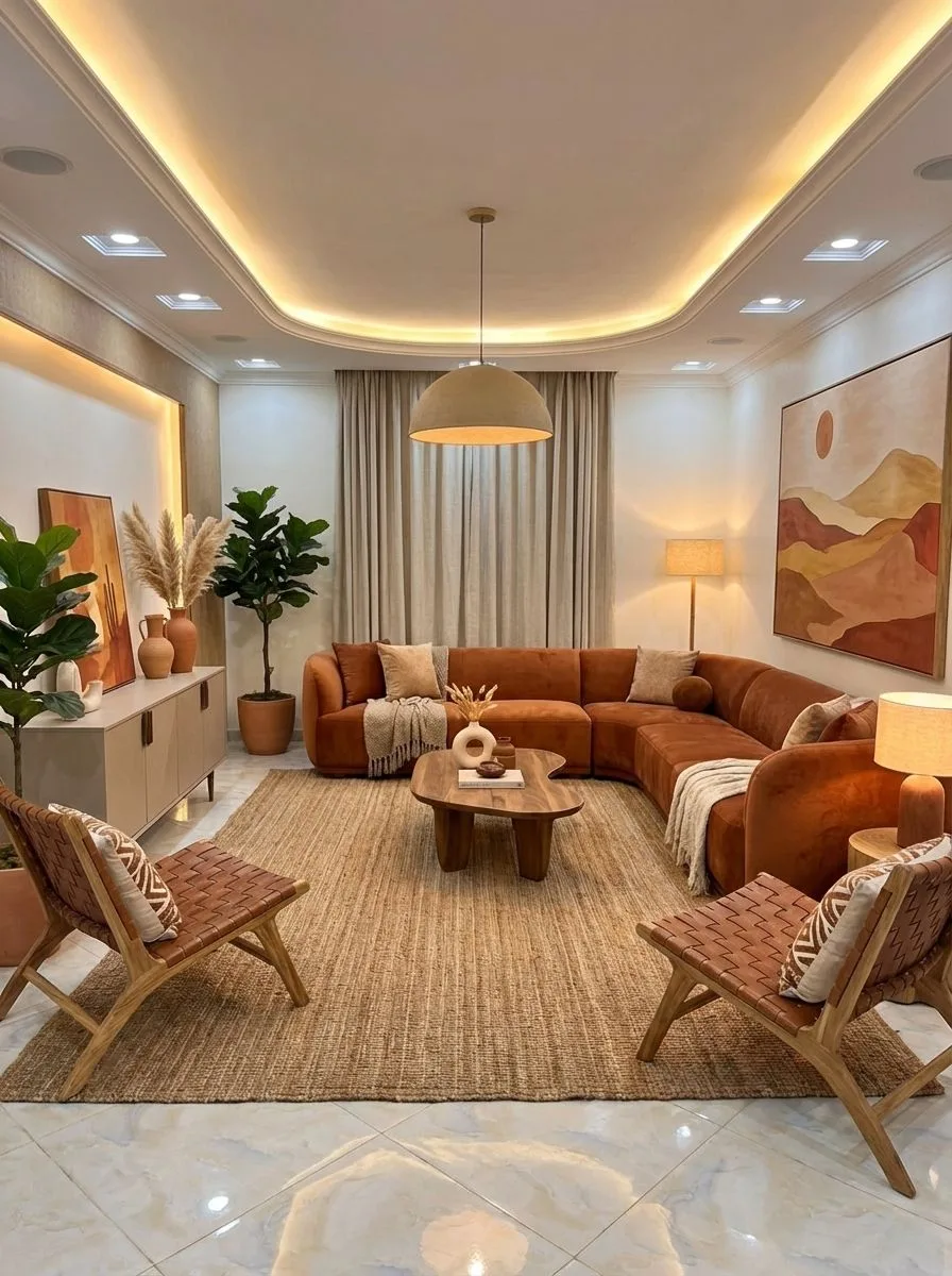 Warm modern living room with terracotta velvet sectional, woven jute rug, live edge wood coffee table, woven leather chairs, dome pendant, photorealistic interior design photography, 8k