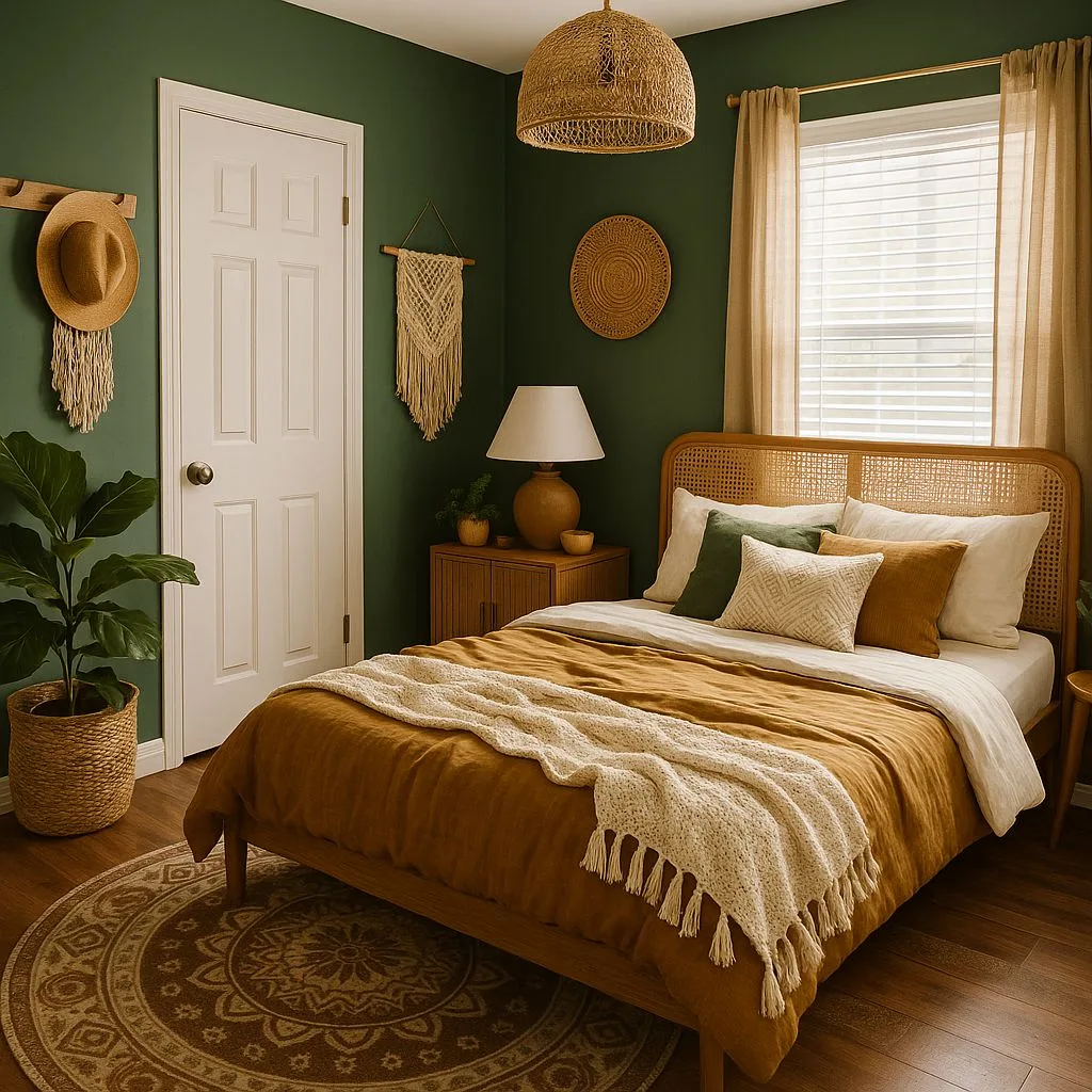 Bohemian bedroom with forest green walls, rattan headboard, mustard linen duvet, woven pendant, wood nightstand, round rug, photorealistic interior design photography, 8k