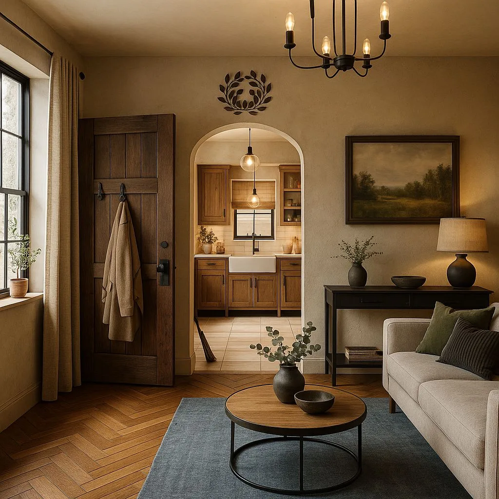 Transitional living room with herringbone wood floors, light beige sofa, round wood coffee table, black iron chandelier, landscape painting, photorealistic interior design photography, 8k