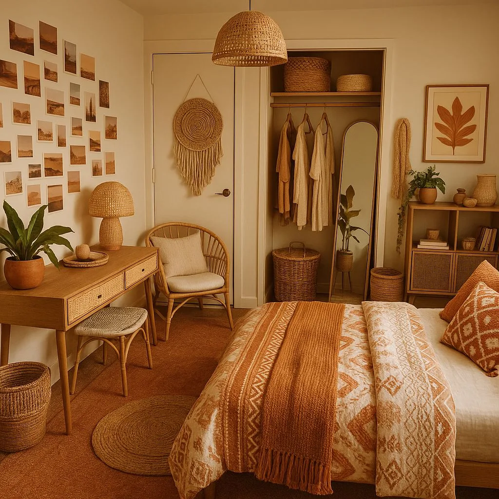 Bohemian bedroom with terracotta rug, rattan desk, woven pendant light, patterned bedding, gallery wall, photorealistic interior design photography, 8k