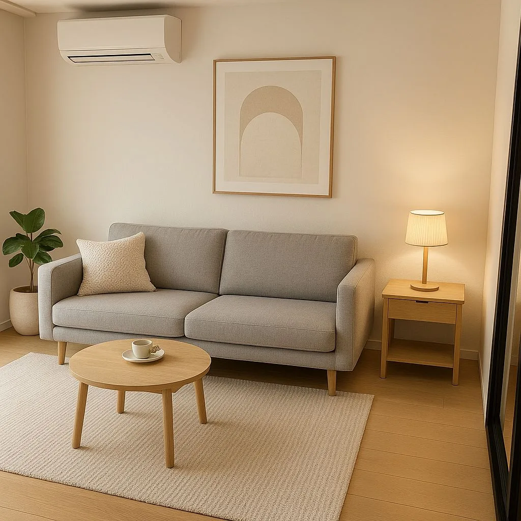Minimalist Scandinavian living room with light grey sofa, round wood coffee table, neutral rug, wood side table, pleated lamp, photorealistic interior design photography, 8k