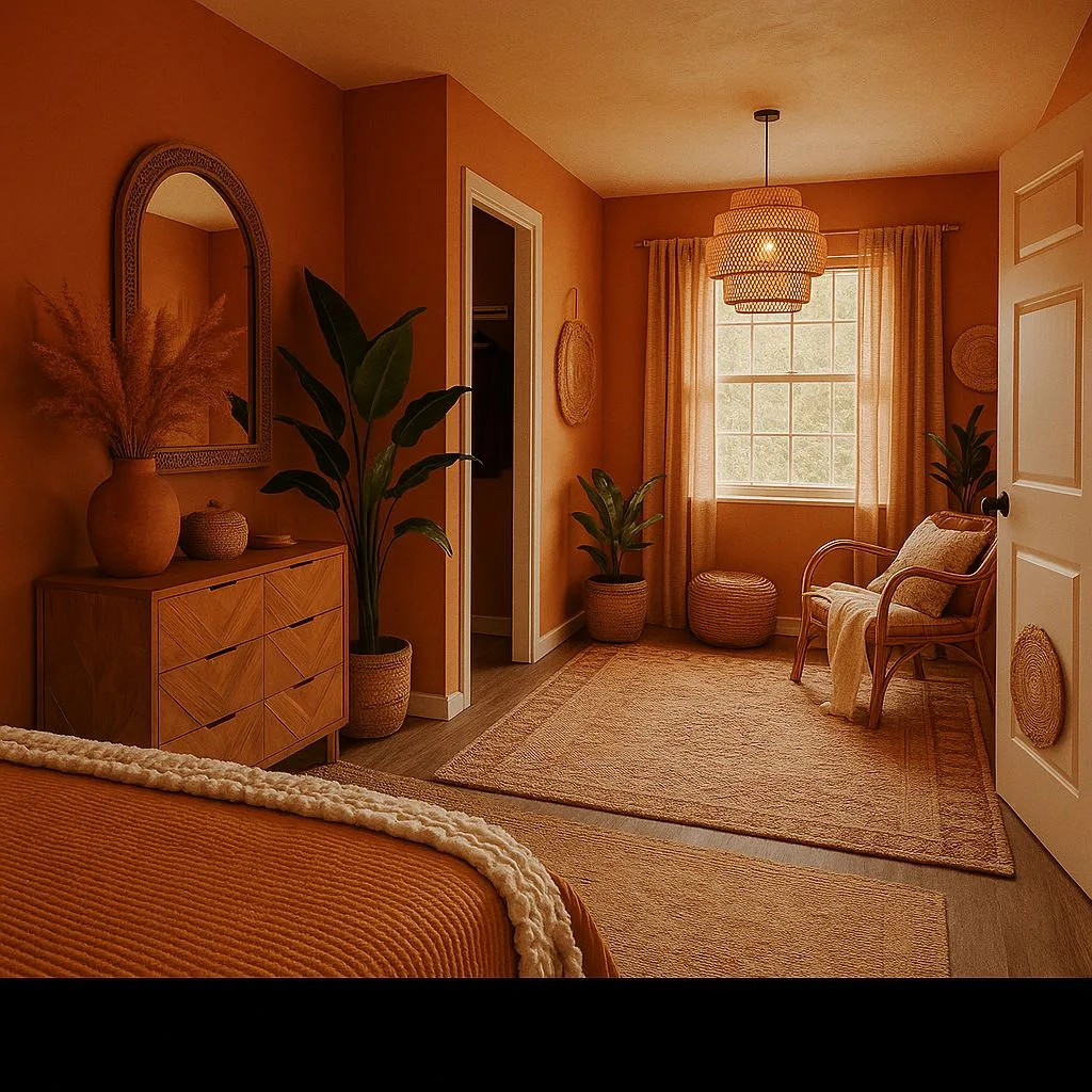 Bohemian terracotta bedroom with rattan pendant, woven rug, wood dresser, indoor plants, rattan chair, linen bedding, photorealistic interior design photography, 8k