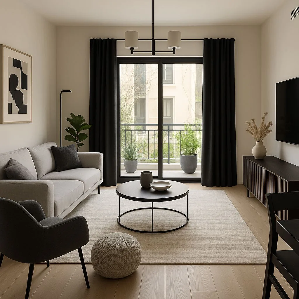 Contemporary minimalist living room with light wood floors, grey sofa, black accents, round coffee table, black curtains, neutral rug, photorealistic interior design photography, 8k