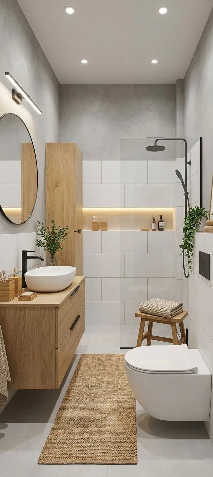 Modern Scandinavian bathroom with light wood vanity, white vessel sink, black fixtures, white subway tile shower, jute rug, recessed lighting, photorealistic interior design photography, 8k