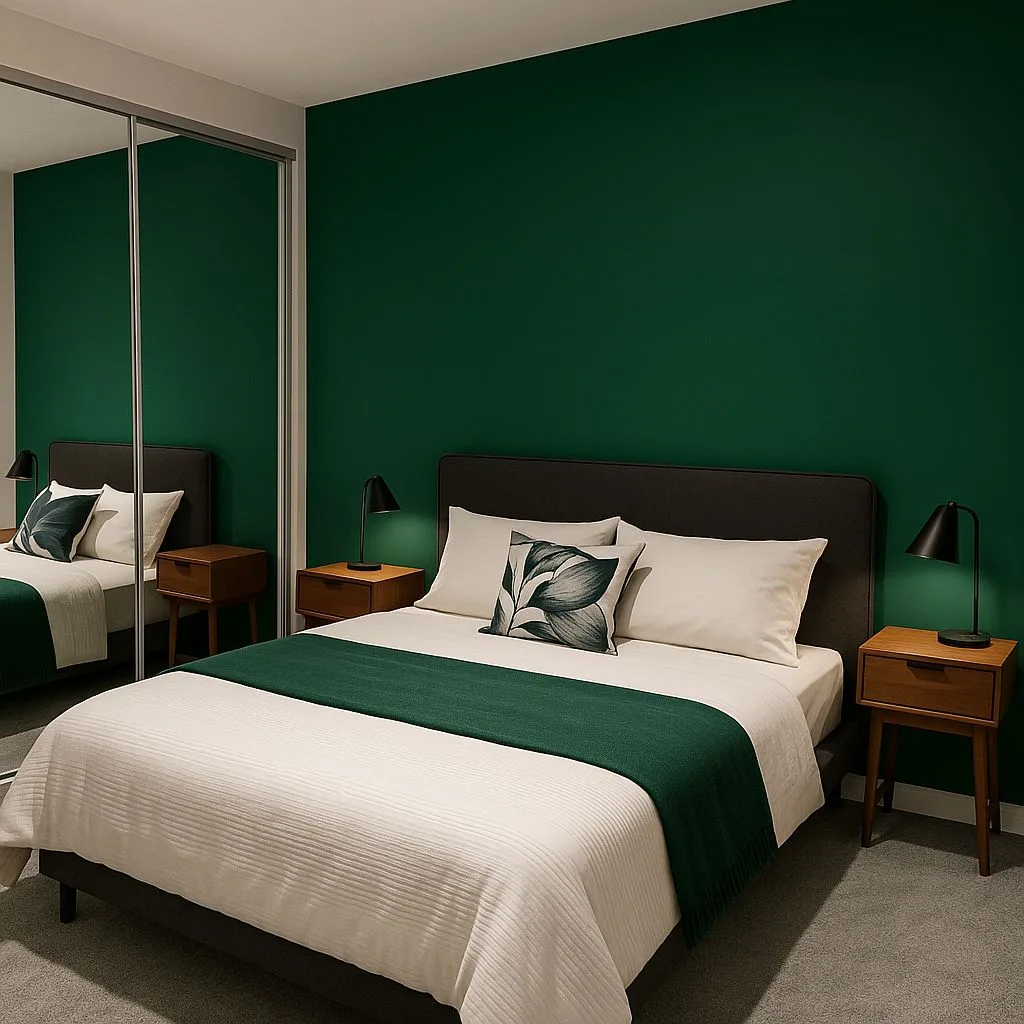 Modern bedroom with forest green walls, white textured bedding, dark gray headboard, wood nightstands, black cone lamps, photorealistic interior design photography, 8k