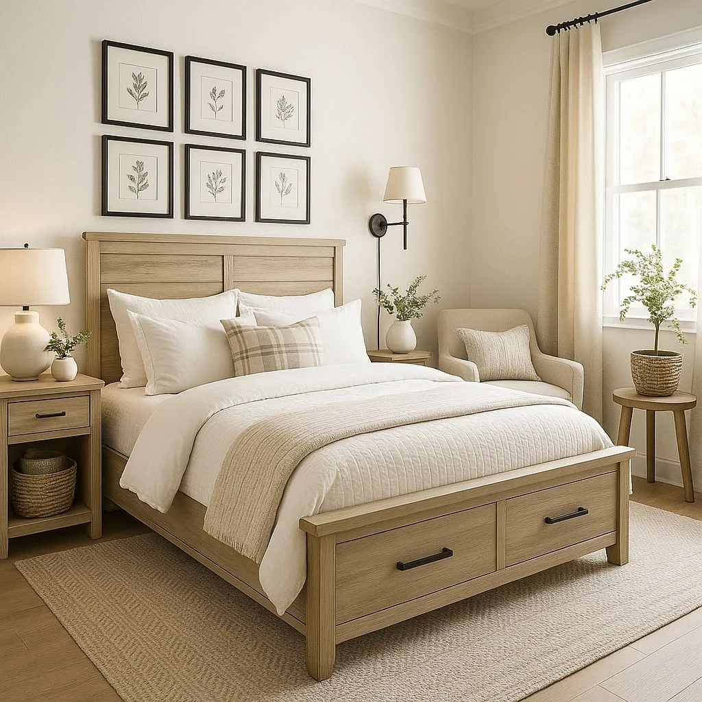 Neutral farmhouse bedroom with light wood bed frame, white linen bedding, botanical prints, woven rug, black sconce, photorealistic interior design photography, 8k