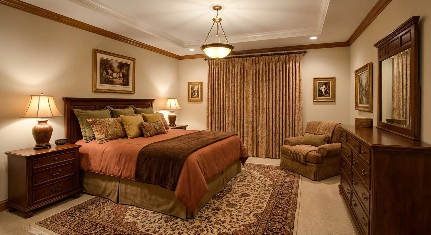 Traditional master bedroom with warm beige walls, dark wood furniture, rust bedding, patterned rug, brass chandelier, photorealistic interior design photography, 8k