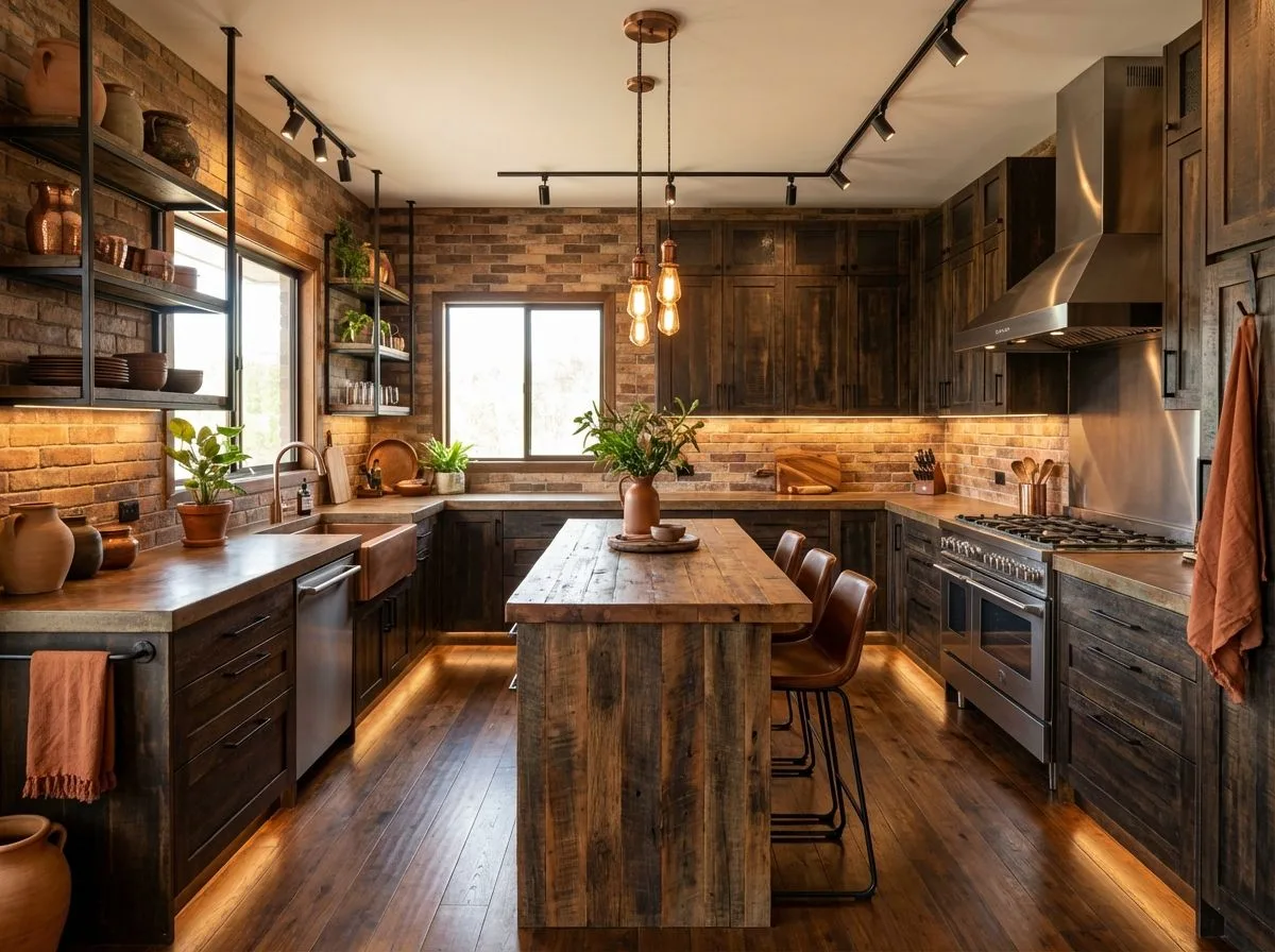 Rustic industrial kitchen with exposed brick walls, dark wood cabinets, reclaimed wood island, copper sink, leather bar stools, photorealistic interior design photography, 8k